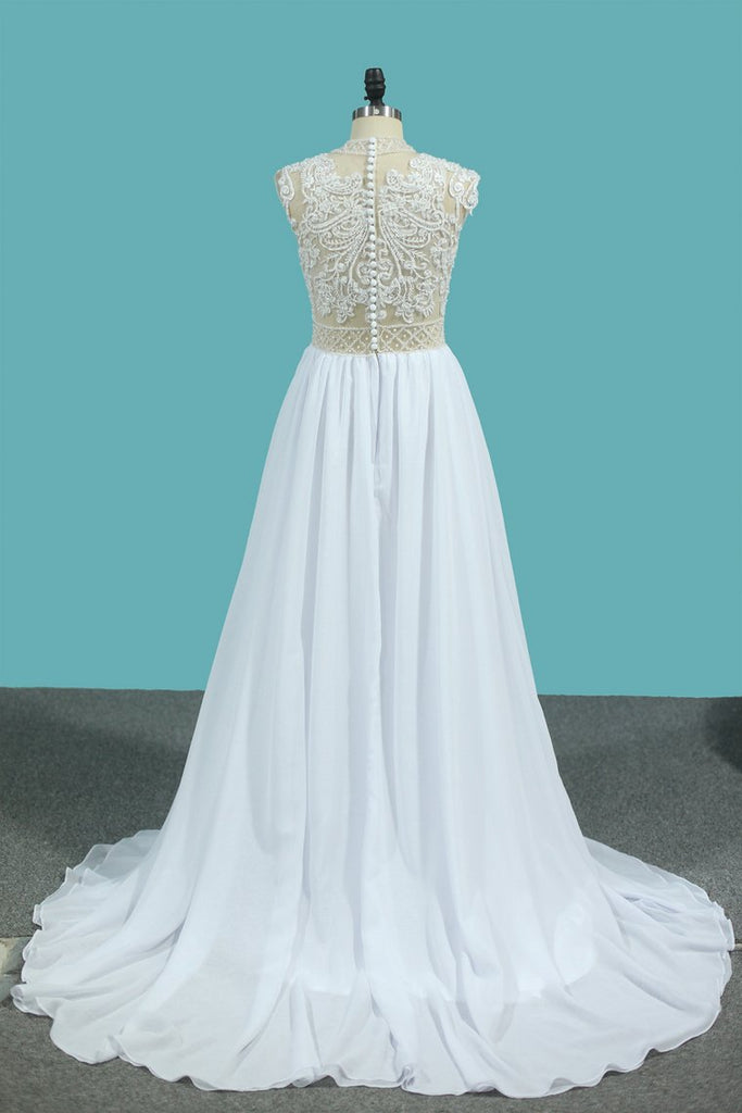 2022 A Line Chiffon High Neck Wedding Dresses With Beads And Slit Sweep Train