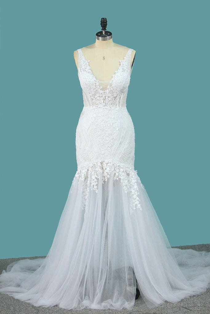 Spaghetti Straps Tulle Mermaid Wedding Dresses With Applique Open Back