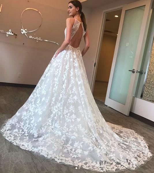 A Line Deep V Neck Lace Appliques Ball Gown Spaghetti Straps Wedding Dress with Pockets WK727