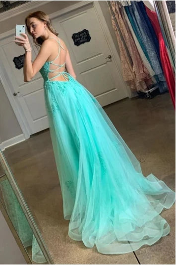 Backless Evening Dresses Turquoise Spaghetti Straps Split Appliqued Long Prom Dresses