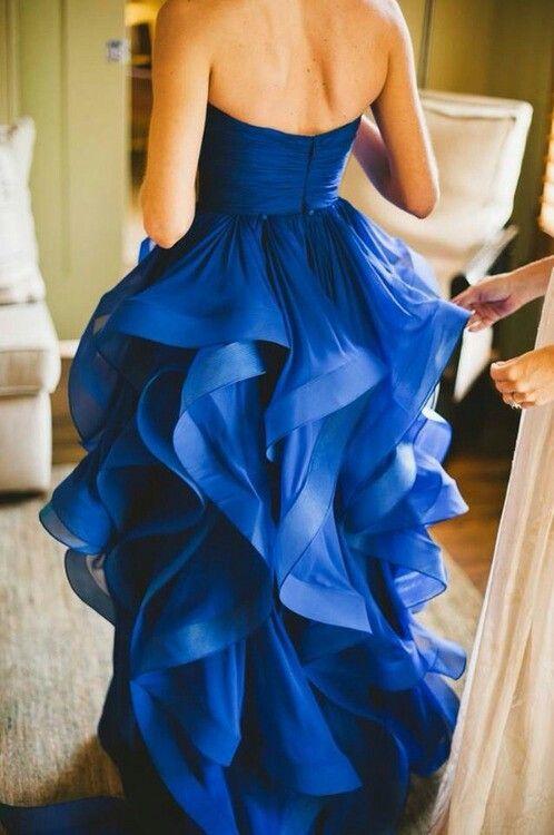High Low Royal Blue Organza Prom Gowns Strapless Evening Dresses For Teens Brides WK158