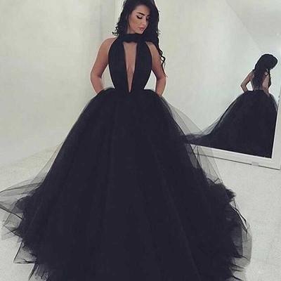 2024 Elegant Black Ball Gown Sexy Backless Long Sleeveless V-Neck Tulle Prom Dresses WK993