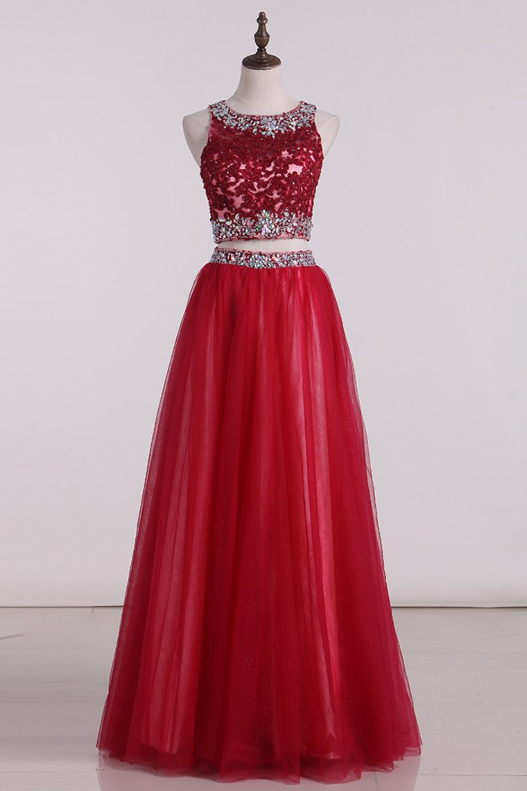 Prom Dress A Line Scoop Floor-Length Two-Piece Tulle Zipper Back