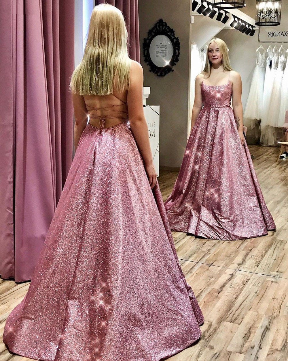 Unique A line Pink Sequins Spaghetti Straps Prom Dresses, Evening SWK20450