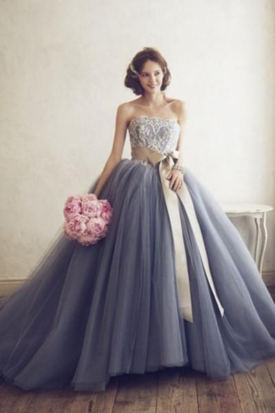 Elegant gray tulle organza sweetheart lace A-line ball gown dresses wedding dresses