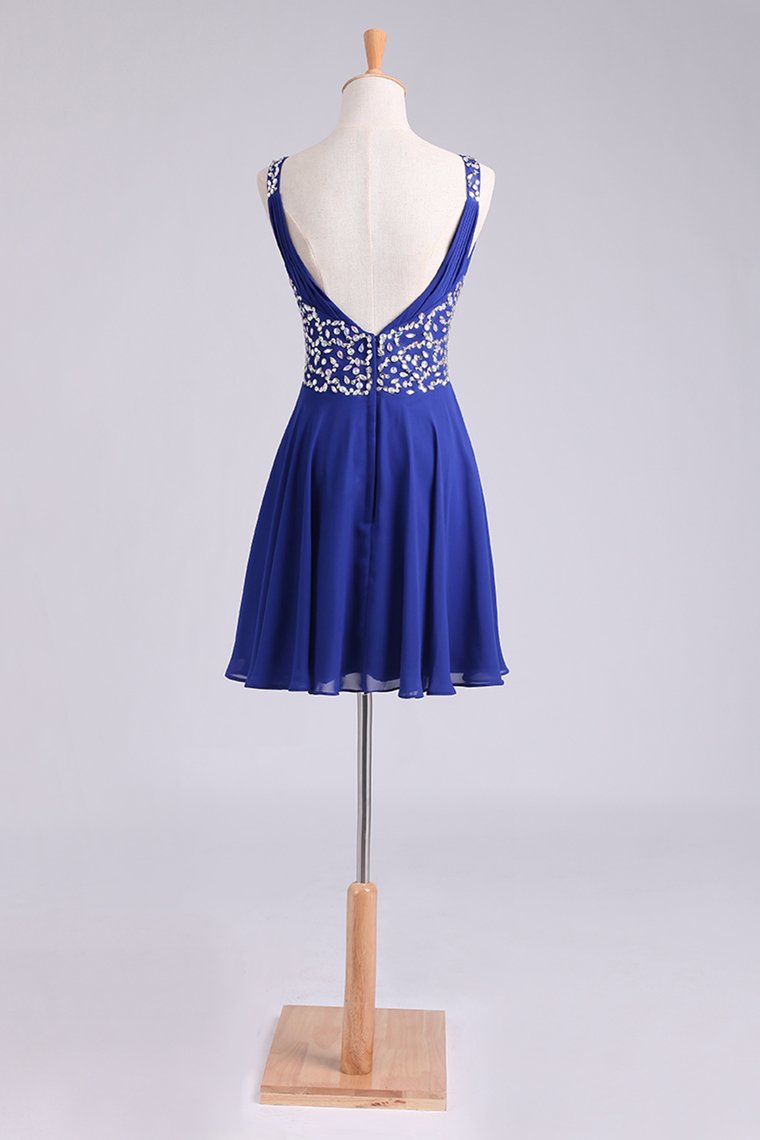 Homecoming Dresses Straps A-Line Short/Mini Chiffon With Beads And Ruffles Dark Royal Blue