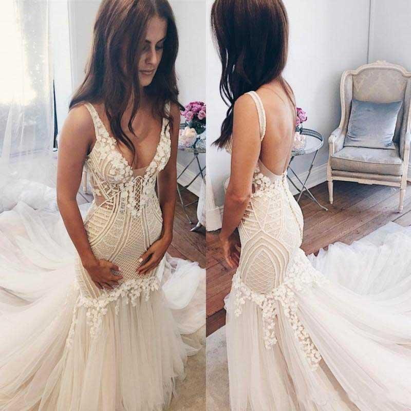 Beautiful Lace Tulle V-Neck Mermaid Ivory Sexy Sleeveless Wedding Dresses WK293