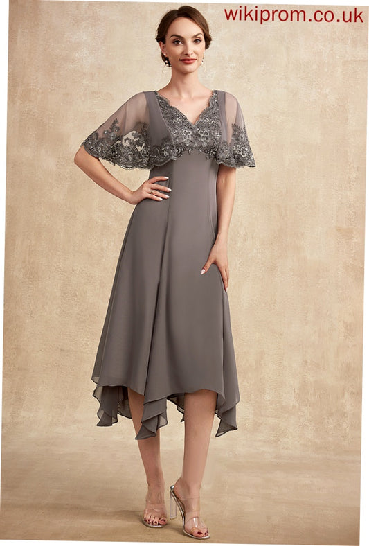 Chiffon Dress Lace Beading With Mother Mother of the Bride Dresses the A-Line V-neck Nathalia Bride Tea-Length Sequins of