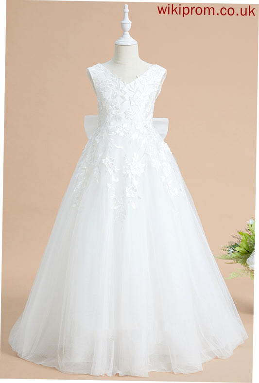 Flower With Ball-Gown/Princess Girl Bow(s) Tulle/Lace Train Flower Girl Dresses Sweep - Milagros V-neck Sleeveless Dress