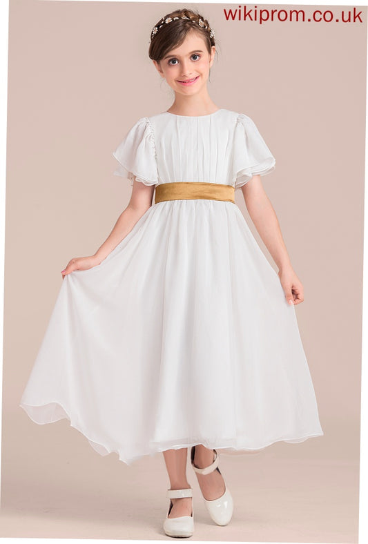 Flower Scoop - Emilee Sleeves Flower Girl Dresses Dress Chiffon/Charmeuse With A-Line Tea-length Neck Short Girl Sash