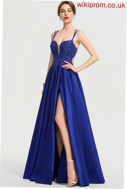 Floor-Length Prom Dresses Lace Satin Gia With V-neck Ball-Gown/Princess Sequins