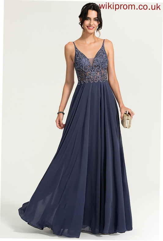 Chiffon V-neck Prom Dresses Lilianna A-Line Beading With Sequins Floor-Length