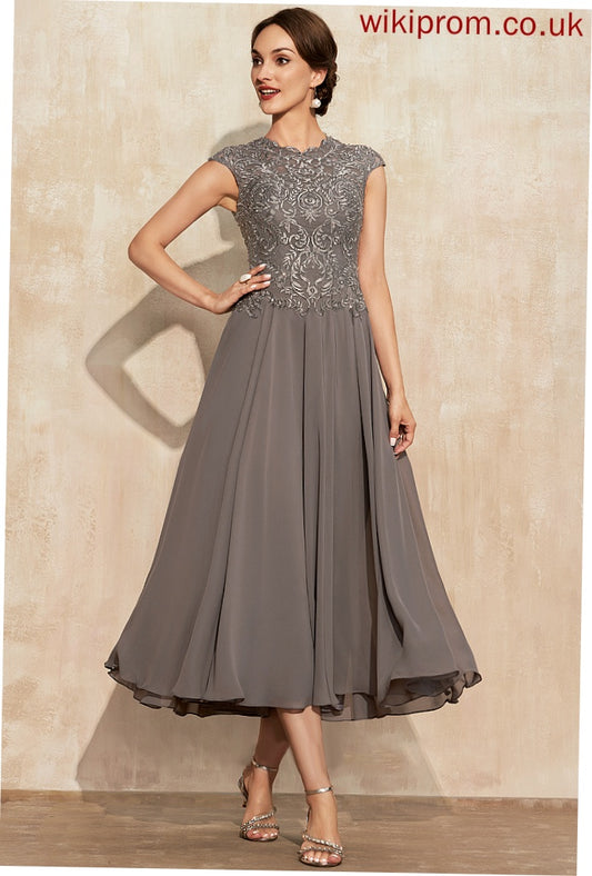Chiffon With Scoop Mother of the Bride Dresses A-Line Dress Tea-Length Beading Bride Neck Precious Lace of Mother the
