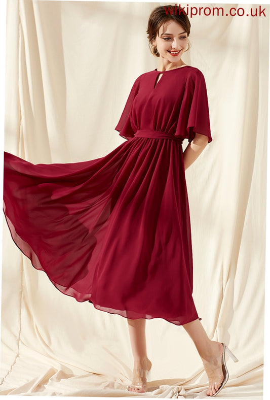 Chiffon Bow(s) Neck Cocktail Cocktail Dresses Ruffle With Scoop Kaia A-Line Tea-Length Dress