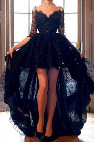 Elegant High Low Half Sleeves Sweetheart Black Backless Lace Evening Dresses WK820
