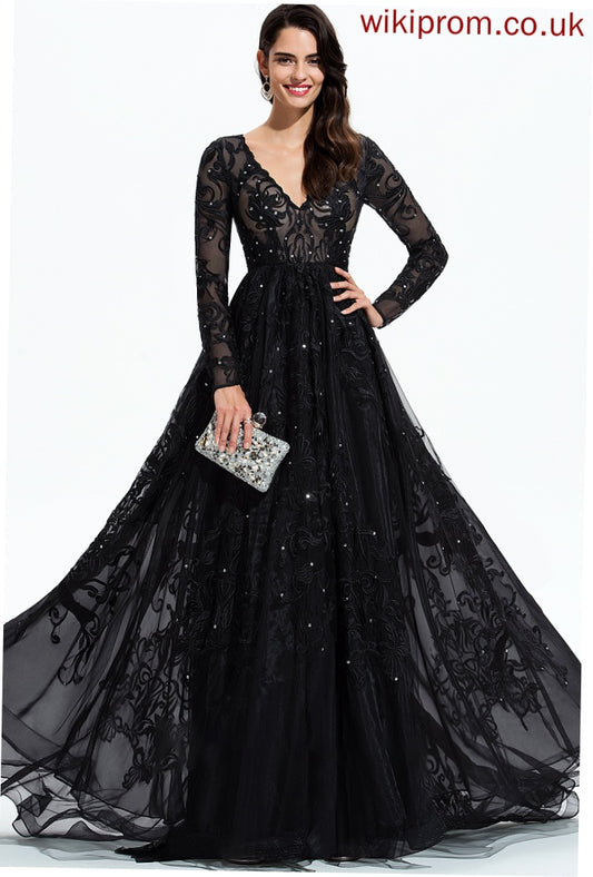 Train With Lace Gabrielle Prom Dresses Ball-Gown/Princess Sweep Tulle V-neck Sequins