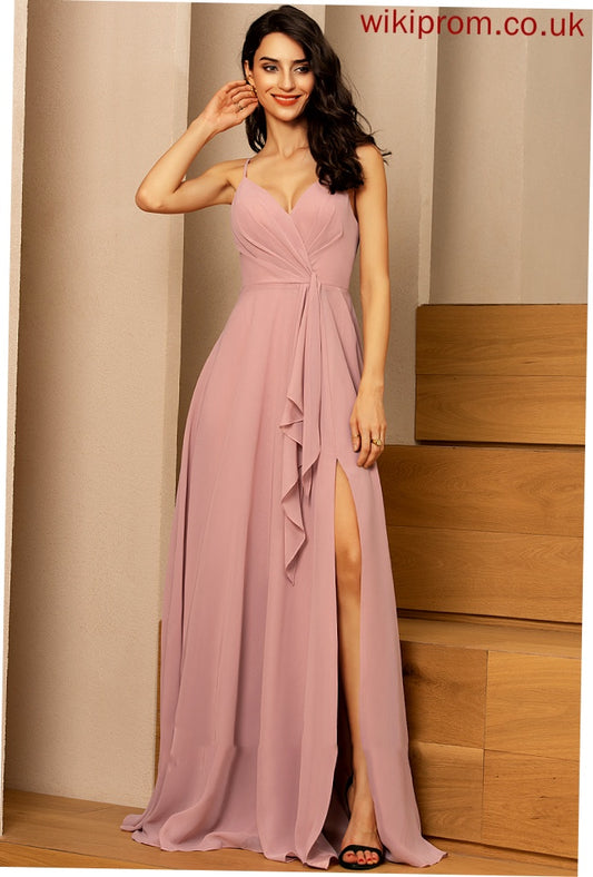 Floor-Length Silhouette Fabric A-Line Ruffle SplitFront Embellishment Length V-neck Neckline Janae Bridesmaid Dresses