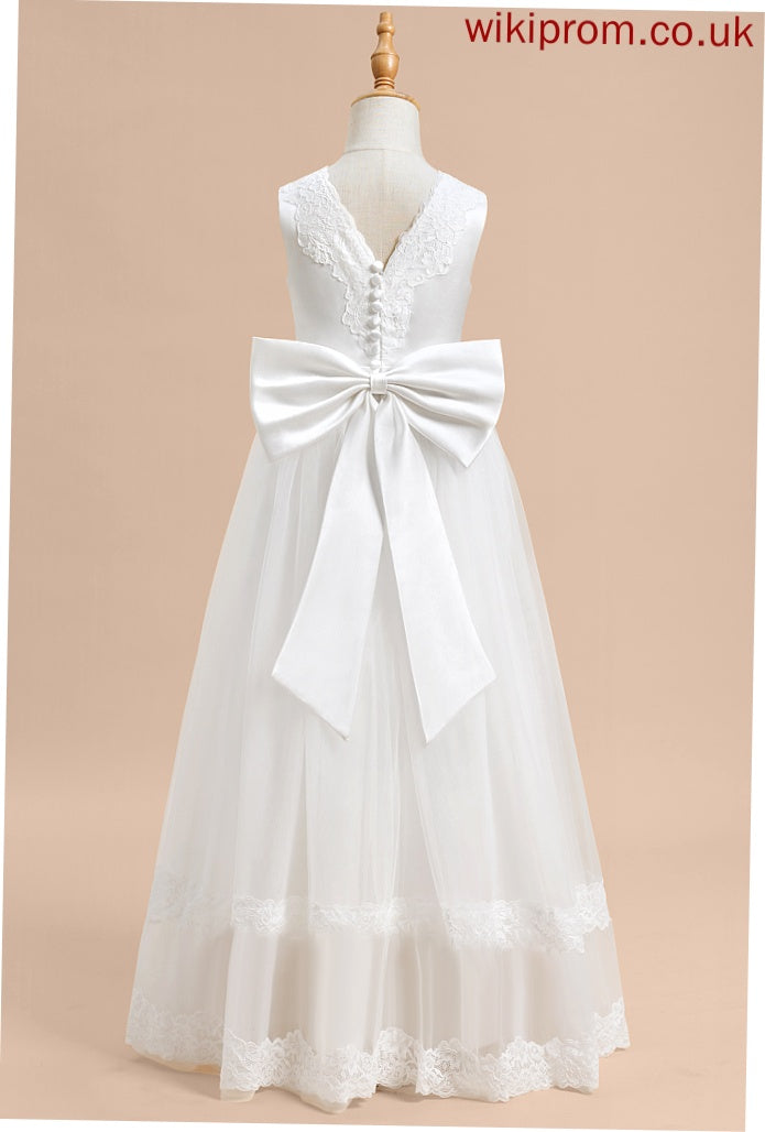 - Ball-Gown/Princess Flower Girl Dresses With Floor-length Lace/Bow(s) Sleeveless Lillie Tulle Flower V-neck Girl Dress