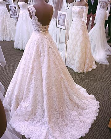 Chic Romantic Open Back A line Short Train Lace Ivory Long Wedding Dresses WK149