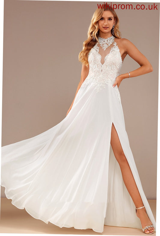 Wedding Dresses Dress Wedding Lace Sequins Front Lace Neck Beading Makaila Chiffon With Floor-Length High Split A-Line