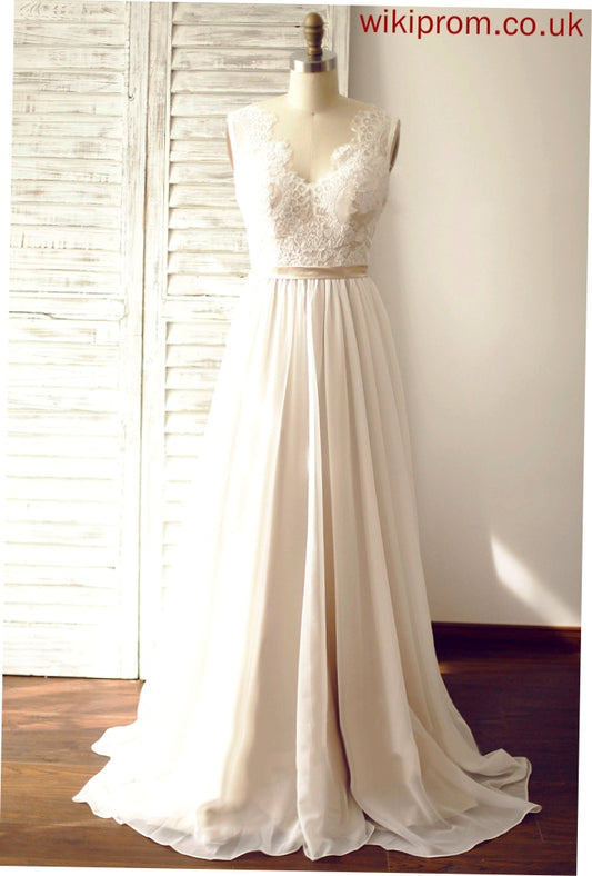 Chiffon V-neck Wedding A-Line Isabelle With Wedding Dresses Train Court Lace Dress Lace