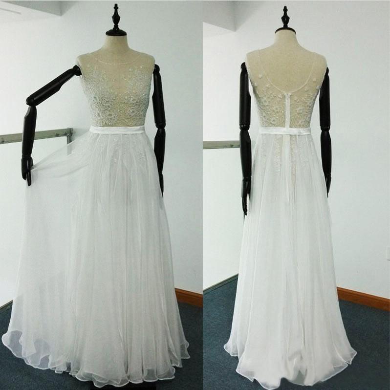 Sheer Beach Ivory Scoop A Line Beaded Embroidery Tulle Chiffon Wedding Dresses WK351