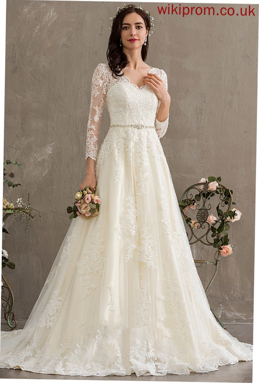 Wedding Dresses Chapel Ball-Gown/Princess Lace Sequins With Beading V-neck Train Wedding Alison Dress Tulle