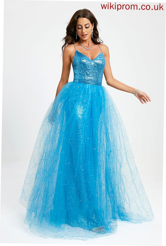 Floor-Length Sequins Prom Dresses Ball-Gown/Princess Roberta Tulle With V-neck