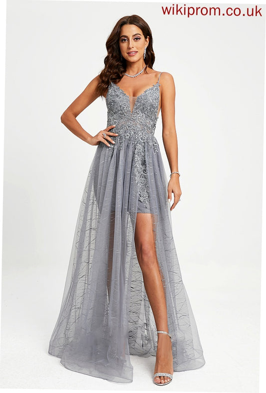 Floor-Length With Sequins Prom Dresses Sahna Ball-Gown/Princess Tulle V-neck Lace