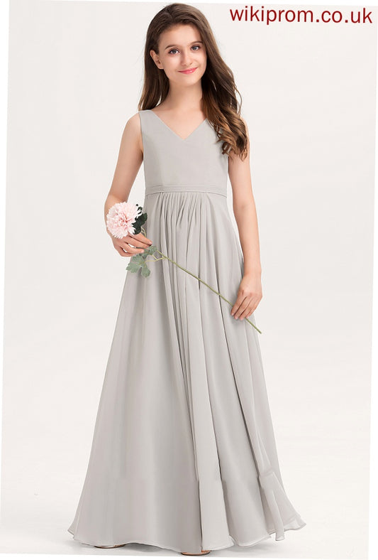 Chiffon A-Line With Pockets Malia Floor-Length V-neck Junior Bridesmaid Dresses