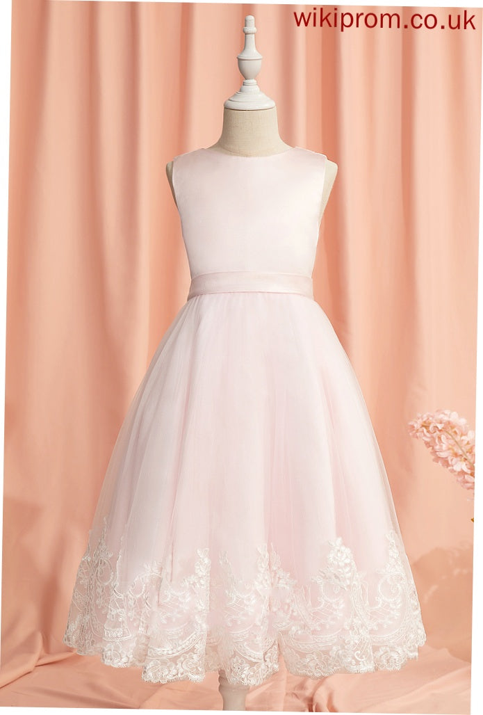 - With Girl Dress Sleeveless Flower Girl Dresses Flower Ball-Gown/Princess Alena Scoop Lace/Bow(s) Tea-length Neck Satin/Tulle