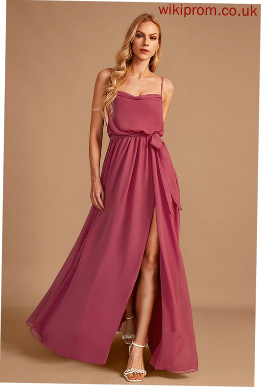 Floor-Length Silhouette Fabric A-Line Embellishment Neckline CowlNeck SplitFront Length Ruffle Mariela Bridesmaid Dresses