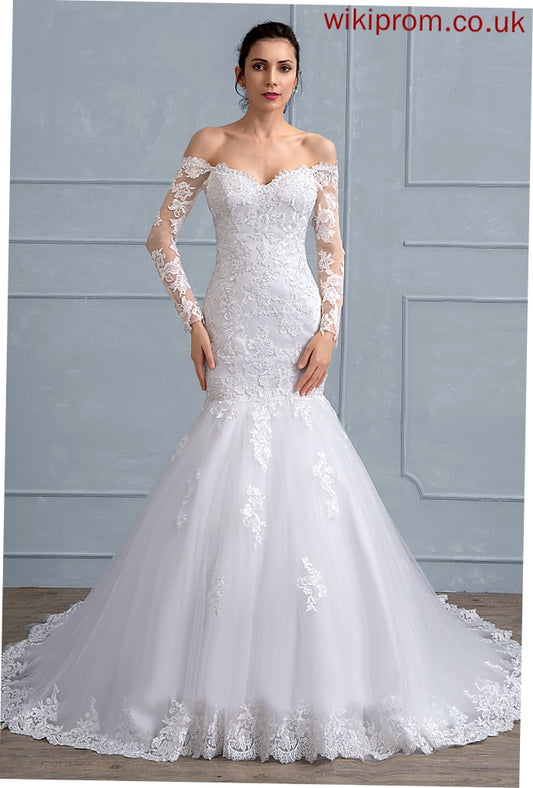 Wedding Dresses Adalyn Wedding Beading With Sequins Tulle Trumpet/Mermaid Off-the-Shoulder Court Dress Lace Train