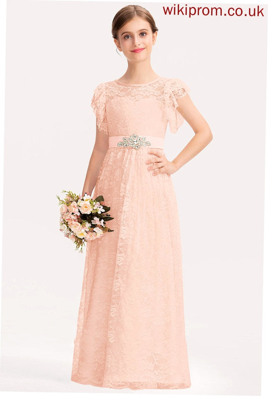 Floor-Length Ruffles A-Line Beading Junior Bridesmaid Dresses Destinee Bow(s) Neck With Cascading Scoop Lace