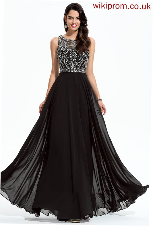 Floor-Length Scoop A-Line Prom Dresses With Neck Sequins Beading Annika Chiffon