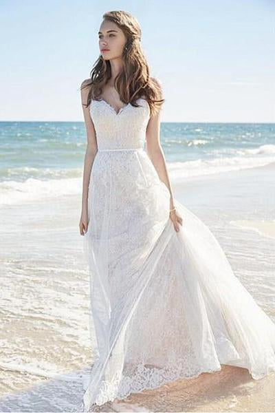 Chic A-Line Sweetheart Backless Lace Beach Spaghetti Straps Long Wedding Dresses WK375