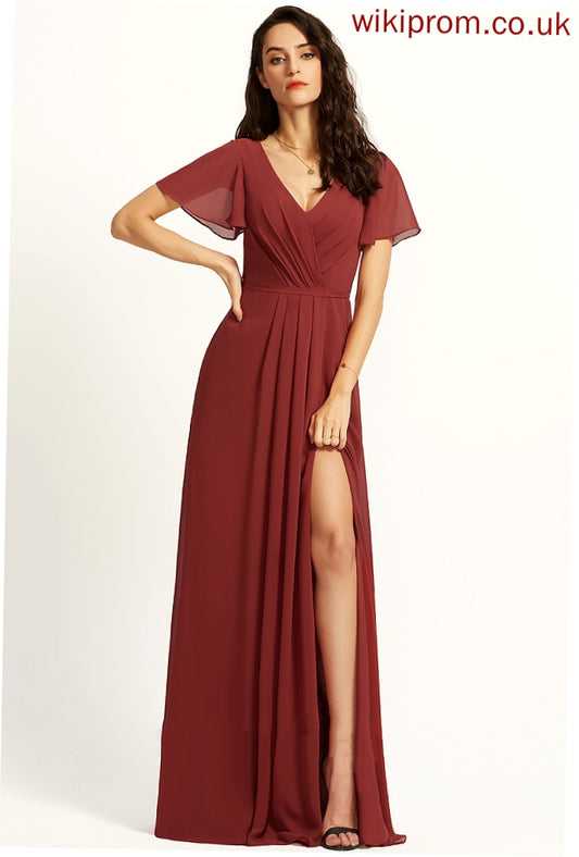 Floor-Length Silhouette Length SplitFront Fabric Neckline Embellishment V-neck A-Line Logan Bridesmaid Dresses