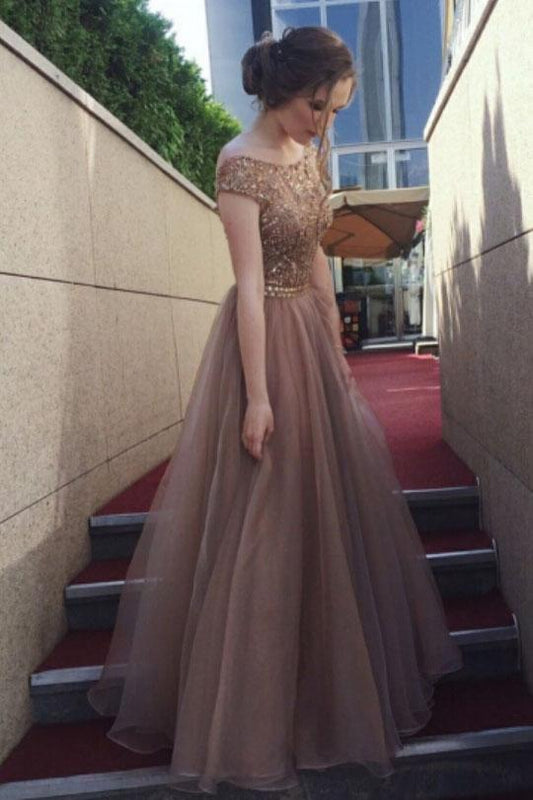 Gorgeous A-Line Backless Cap Sleeves Scoop Tulle Brown Long Prom Dresses WK424