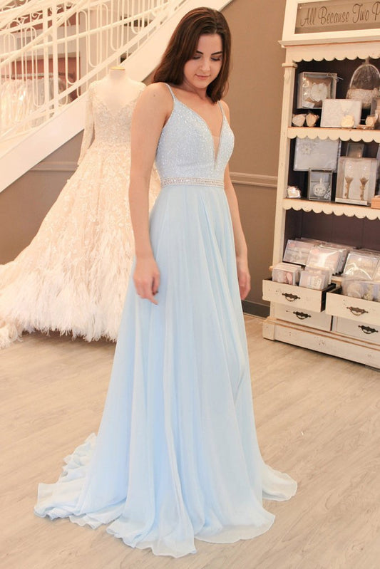 Gorgeous Straps Light Sky Blue Chiffon V-Neck Backless Sleeveless A Line Long Prom Dress WK485
