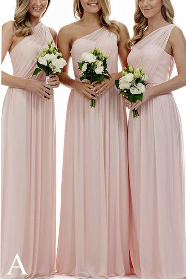 Long Light Pink Mismatched A-Line One Shoulder Sleeveless Elegant Bridesmaid Dresses WK523