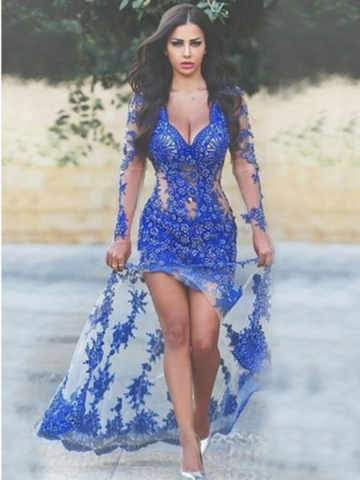 Royal Blue with Long Sleeves Lace Applique Sheer Split V-Neck Backless Sexy Prom Dresses WK48