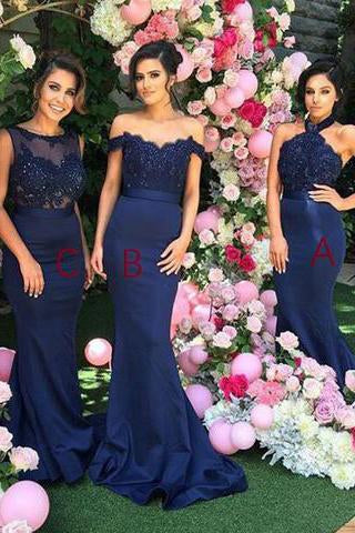 Stylish Halter Open Back Mermaid Navy Blue Bridesmaid Dress with Lace Beading WK613