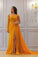 A Line Yellow One Long Sleeve Chiffon Prom Dresses High Slit Formal Dresses WK349