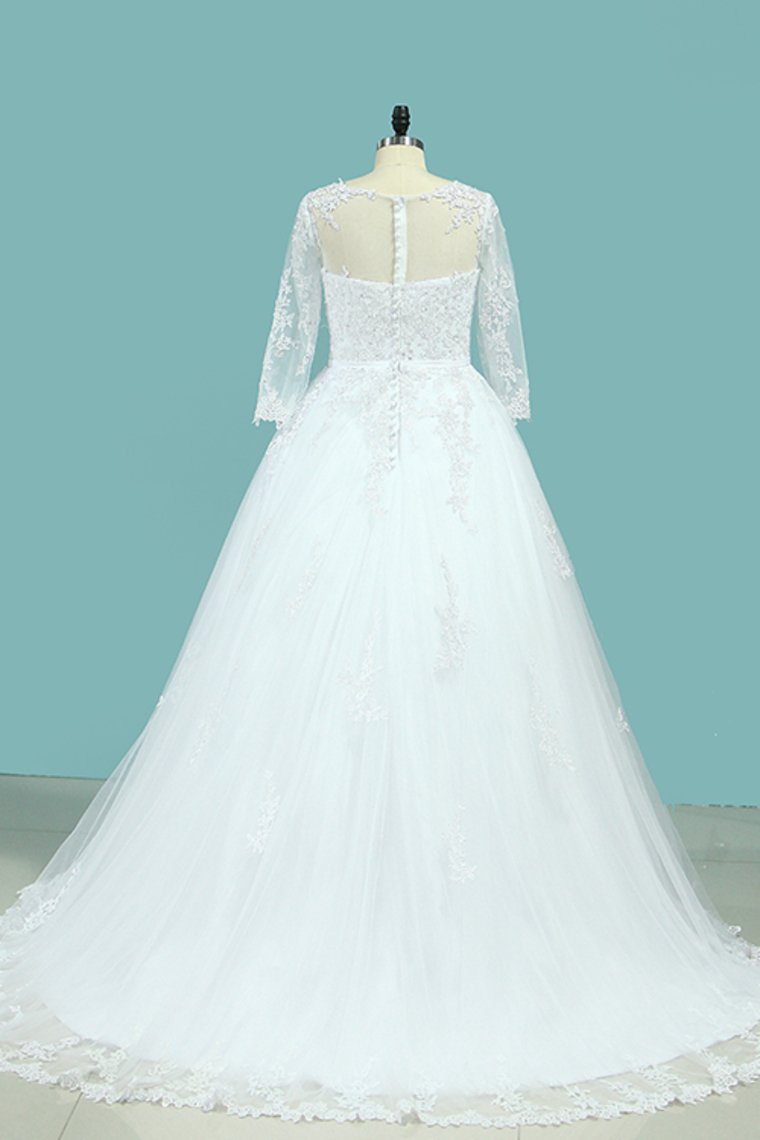 Bateau Wedding Dresses Long Sleeves A Line Court Train Tulle With Applique