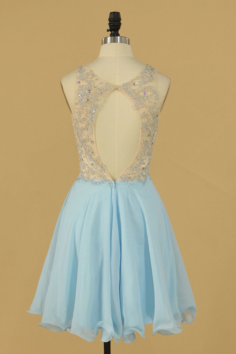 Open Back Scoop Tulle & Chiffon Homecoming Dresses Short/Mini With Beading