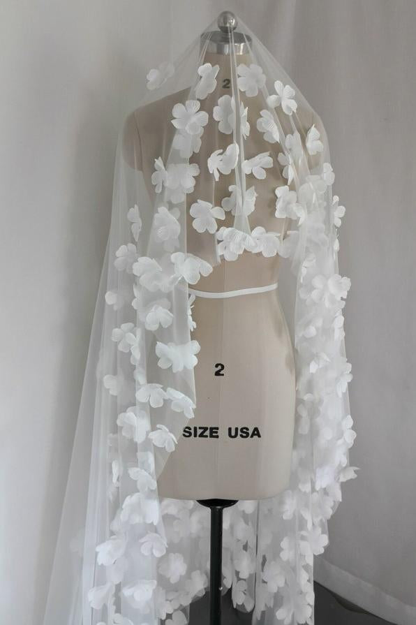 Long Tulle Ivory Wedding Veils with Hand Made Flowers, Wedding Veils SWK15583