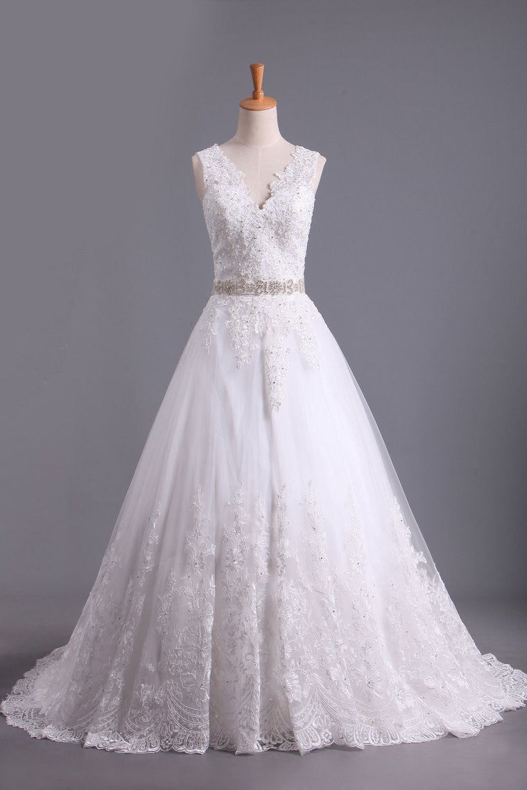 Bridal Dresses A Line V-Back Tulle Chapel Train V-Back Applique & Sash