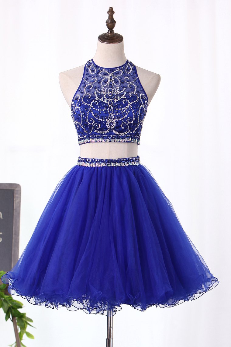 Halter Homecoming Dresses Two-Piece Beaded Bodice Tulle Short