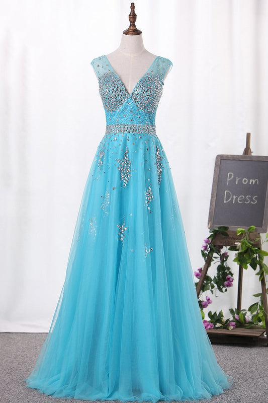 V-Neck A-Line Prom Dresses Tulle With Beadings Open Back Zipper Up