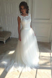 White Open Back Lace Up Modest Lace Tulle Wedding Dresses Bridal Gowns